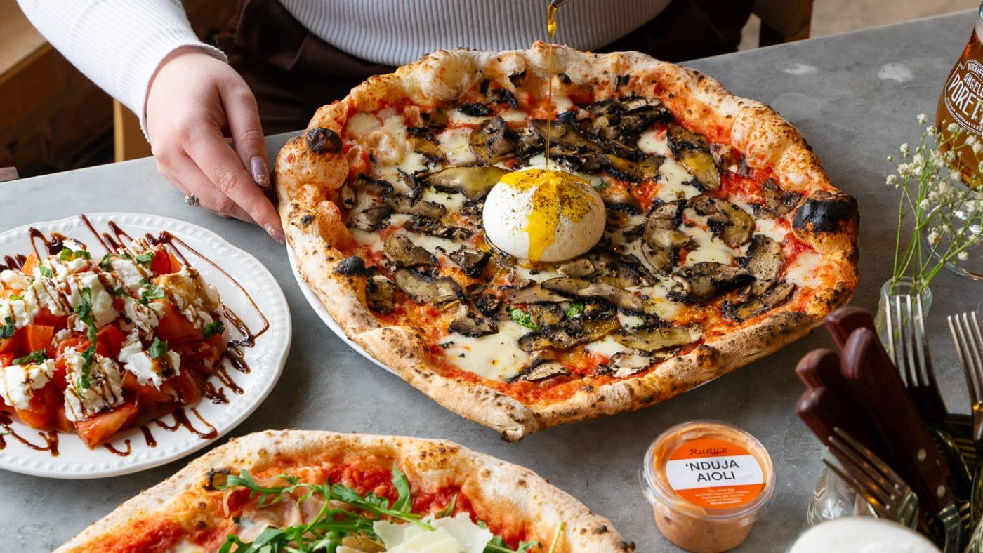 burrata pizza with mushrooms and nduja aioli on the side
