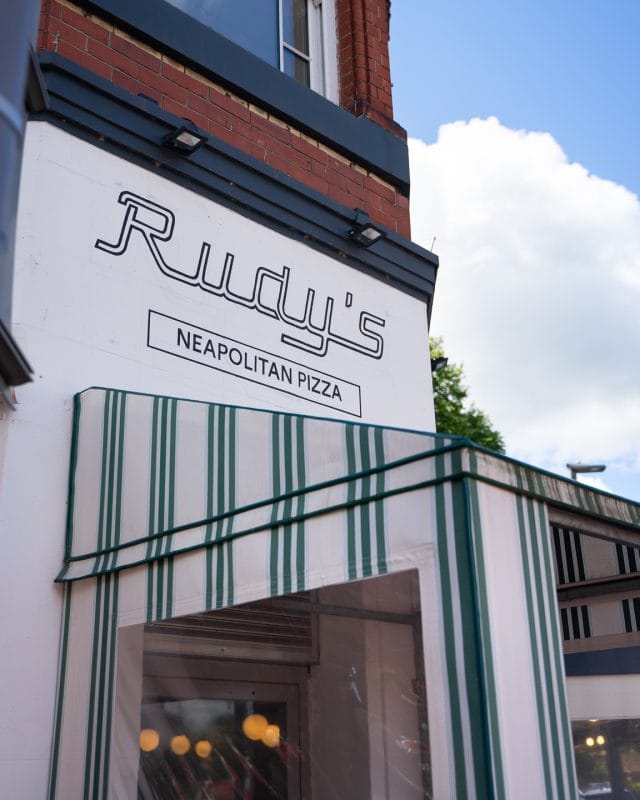 outside restaurant wall written Rudy's neapolitan pizza