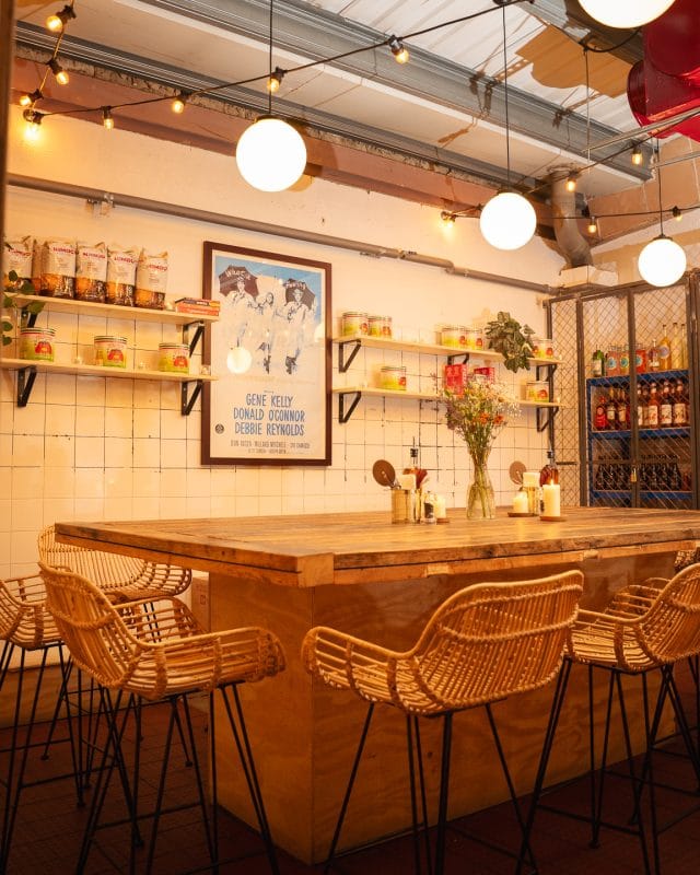 authentic pizza place decoration with group tables