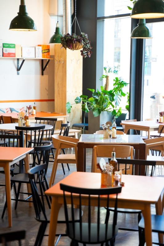 bright and sunny pizza restaurant interior