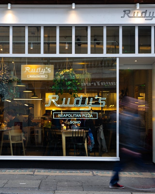 entrance of rudys neapolitan pizza restaurant in soho