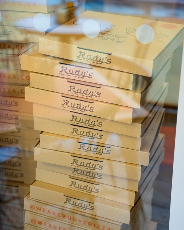 take away rudy's pizza boxes