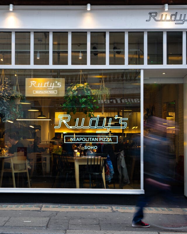 entrance of rudys neapolitan pizza restaurant in soho